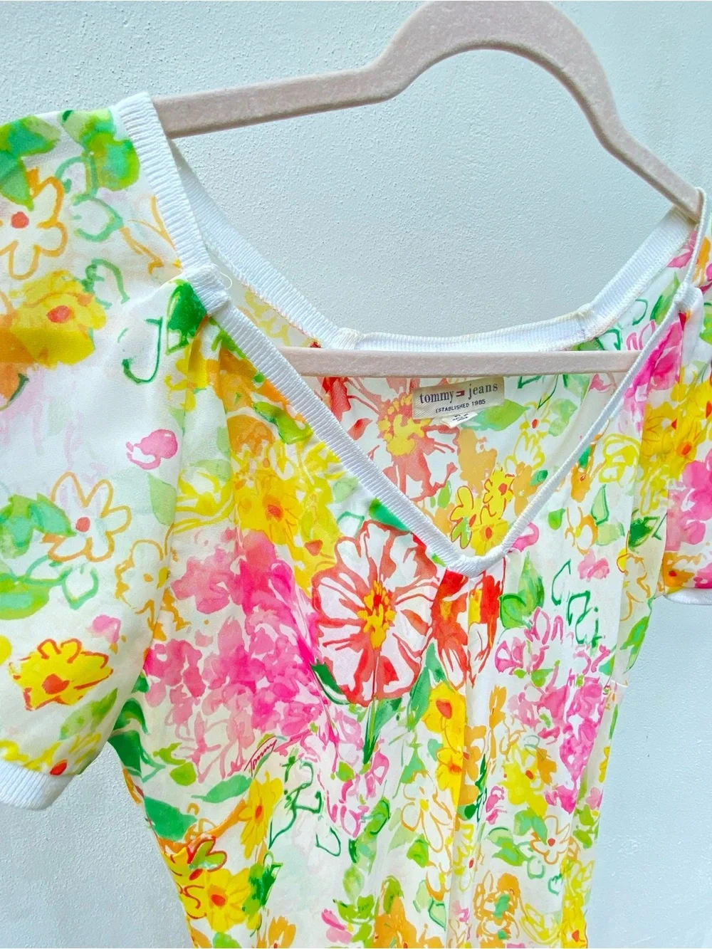 Y2K Tommy Jeans Whimsy Multicolor Floral Drawstring Blouse Size Medium